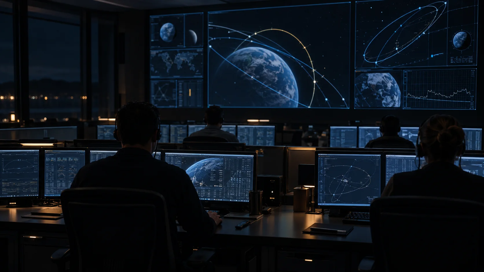 Orbital mission operations room at night
